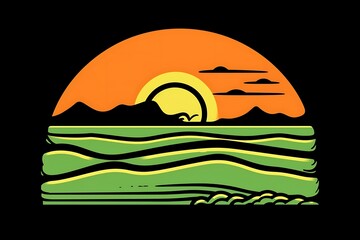 Poster - Sunset over calm ocean waves, pixel art style, mountains in the background, orange and yellow sun, dark silhouettes, green and teal waves. Retro graphic design