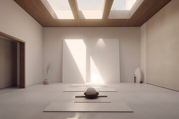 Poster - Sunlit minimalist interior with off white walls, wooden ceiling beams, and skylights. Features two large blank canvases, a stone sculpture, and understated decor. Light beige mats are placed on a