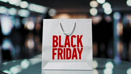Poster - White shopping bags featuring red black friday text resting on glass surface inside blurred retail environment, symbolizing seasonal shopping and consumer marketing promotions