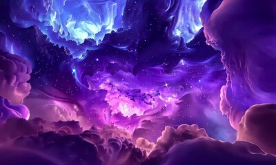 Poster - A stunning display of cosmic clouds fills the sky with shades of deep purple and blue, enhanced by scattered starlight during a celestial event