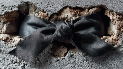 Poster - Black Satin Bow Peeking Through Cracked Concrete Wall Texture