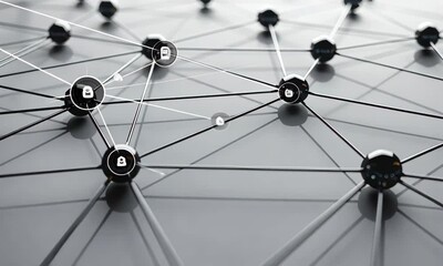 Fototapete - This piece features detailed black spheres linked by thin strings, symbolizing a network of relationships, all showcased on a smooth surface.