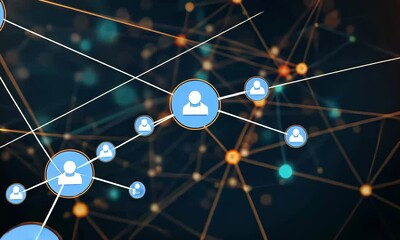 Poster - Glowing dots and lines create an abstract representation of a network, illustrating the concepts of digital communication and technological advancement in a dark setting.