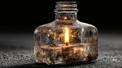 Poster - Candle lit in a glass bottle on a dark surface creating shadows