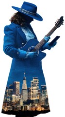 Poster - Urban Architecture Silhouette with Double Exposure Effect Featuring a Musician Against a Cityscape Background at Night