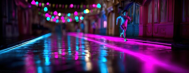 Poster - Urban Runner in Double Exposure with Vibrant Neon Lights and Reflections on Wet Pavement in a Captivating Night Scene