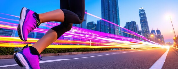 Poster - Dynamic Urban Runner in Motion with Blurred Cityscape and Vibrant Light Trails Captured in Stunning Double Exposure Photography at Dusk