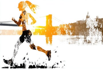 Poster - Urban architecture meets dynamic motion in double exposure art, vivid runner traversing cityscape, blending athleticism with urban elements.