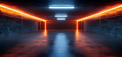 Poster - A modern hallway illuminated by vibrant neon lights, creating a dramatic atmosphere. The sleek, reflective floor adds depth to the architectural design.