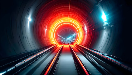 Poster - A mesmerizing view of a tunnel with vibrant red and blue lights illuminating the tracks, creating a stunning visual journey into the unknown.
