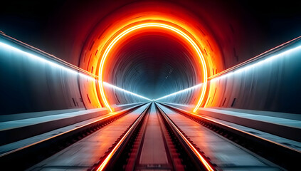 Poster - A mesmerizing view of a futuristic tunnel with glowing neon lights and railway tracks leading into the distance, evoking a sense of adventure and discovery.