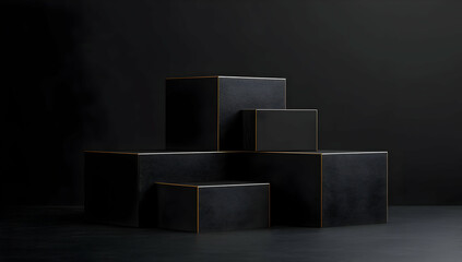 Poster - A striking arrangement of black geometric blocks set against a dark backdrop, creating a dramatic and minimalist visual ideal for modern design projects.