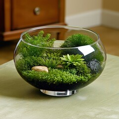 Poster - Stylish bowl filled with various green plants on a wooden table for a natural and fresh look