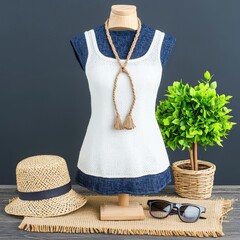 Poster - Chic summer outfit featuring a white top complemented by a blue vest and stylish straw hat