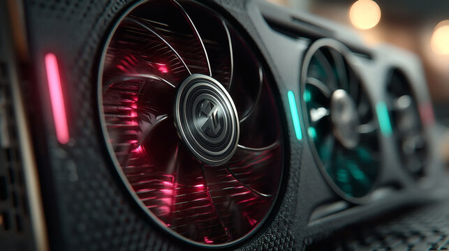 Close-up View of Modern Graphics Card with Colorful Lights