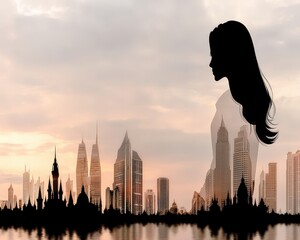 Poster - Urban Landscape with Double Exposure Art Featuring a Silhouette of a Woman against a City Skyline at Dusk