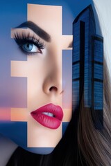 Poster - Urban Double Exposure Featuring a Beautiful Face Merged with Modern Architecture at Dusk
