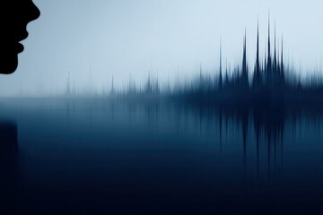 Poster - Urban Abstract Double Exposure Design Featuring Silhouetted Profile with Architectural Elements and Blurred Background in Soft Blue Tones