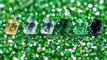 Poster - A variety of emerald colored diamonds displayed beautifully showcasing their intriguing sparkle and shine