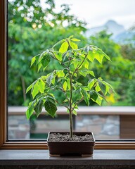 Poster - Small tree growing gracefully in a bright window with soft natural light illuminating its leaves