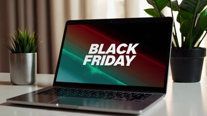 Poster - Laptop computer displaying a black friday sale animation sits on a white desk, suggesting online shopping and consumerism during the promotional period