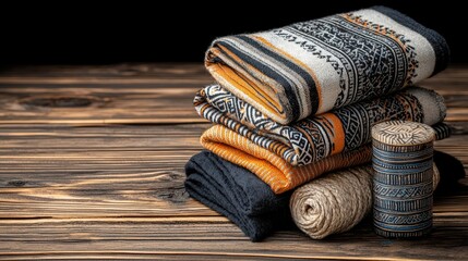 Poster - Neatly stacked towels on a rustic wooden table creating a cozy and inviting atmosphere in a home