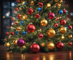Wall Mural - Vibrant baubles adorn a glowing Christmas tree, bokeh lights sparkle ,  illumination,  season