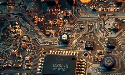 Poster - The close-up reveals an intricate circuit board filled with various electronic components and connecting pathways, highlighting the complexity of modern technology.