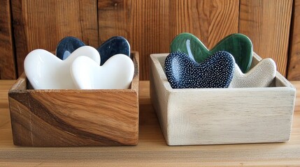 Poster - Charming wooden box holding three distinctive colored ceramic hearts perfect for home decoration