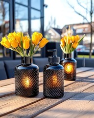 Poster - Elegant collection of colorful vases filled with fresh flowers arranged for decorative display