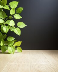Poster - A green plant on a wooden table with natural light casting beautiful shadows and highlights