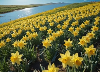 vast field of daffodils bathed in sunlight, clear blue sky overhead , meadow, daytime