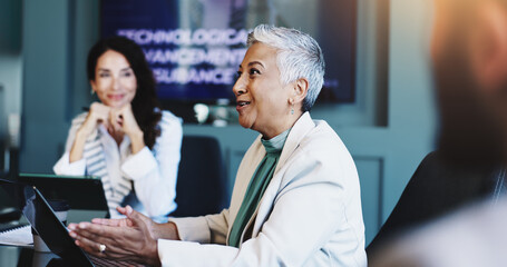 Poster - Meeting, laptop and business woman in office with screen for finance investment proposal. Discussion, teamwork and mature female financial manager with computer for company revenue pitch with clients