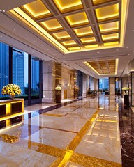 Poster - Luxurious hotel lobby showcasing a large window with natural light and sophisticated interior design