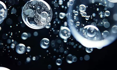 Poster - Bubbles ascend gracefully through dark water, creating a captivating display of movement and light, evoking a tranquil underwater environment.