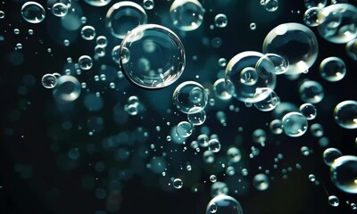 Poster - Bubbles ascend gracefully through dark water, reflecting light and creating a mesmerizing effect, highlighting the fluid dynamics of the aquatic world.