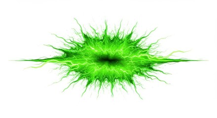 Poster - A vivid green energy burst with lightning emanating from a central dark point on white background