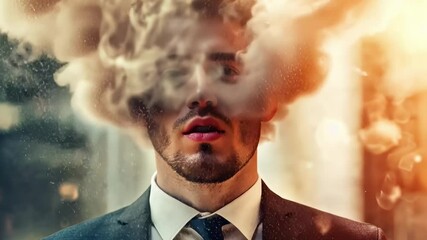 Aufkleber - Confusion and uncertainty envelop a businessman as smoke and dust swirl around his head, obscuring his vision and creating a sense of disorientation and mental overload