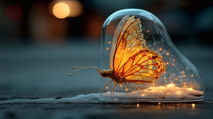 Poster - Enchanted Butterfly Under Glass Dome With Magical Glow and Sparkles