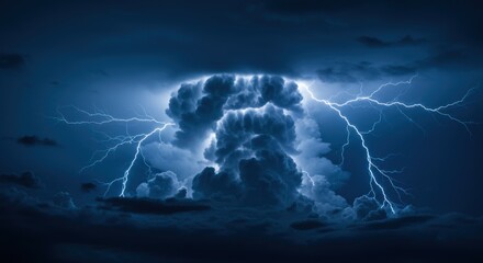 Poster - A dramatic view of a thunderstorm with lightning strikes illuminating dark and ominous clouds