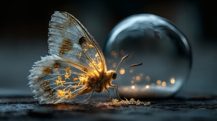 Poster - Ethereal Butterfly Surrounded by Glowing Orb and Sparkling Dust