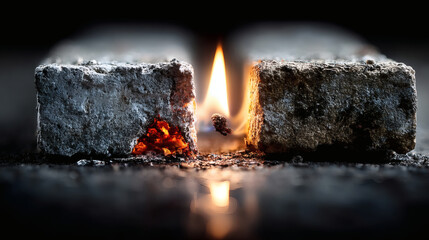 Poster - Flames Emerge Between Two Stone Blocks Against Dark Background