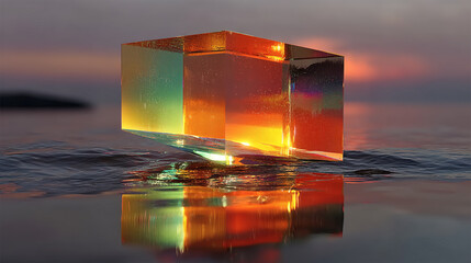 Poster - Floating Transparent Cube Reflecting Colors on Water Surface at Sunset