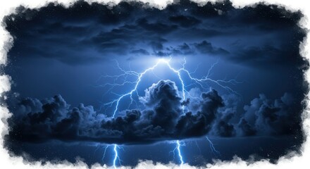 Poster - A dramatic scene of lightning strikes illuminating dark storm clouds in a night sky landscape view