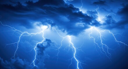 Poster - A dramatic view of lightning strikes illuminating a dark blue cloudy sky during a thunderstorm event
