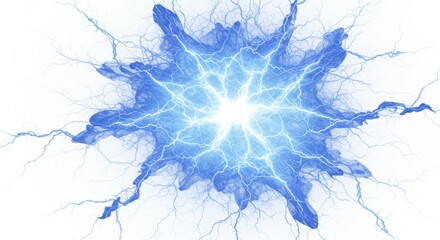 Poster - Abstract blue energy discharge with radiating light and electrical arcs on white background