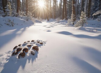 Wall Mural - Deep bear paw impression in powder snow, sunlit forest ,  track,  wilderness