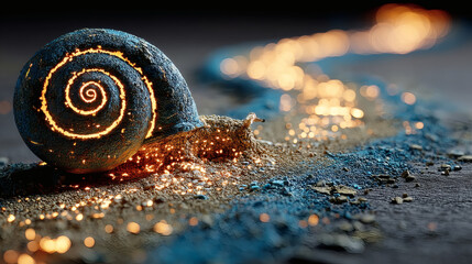 Poster - Glowing Spiral Shell on Shimmering Sand with Bokeh Effect