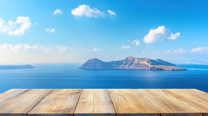 Poster - Stunning panoramic vista of Santorini Greece with light wood tabletop blue sky and ocean view idyllic island paradise