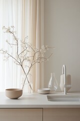 Poster - Serene kitchen interior with neutral tones soft light and artistic vase floral arrangement creating calm and stylish ambiance